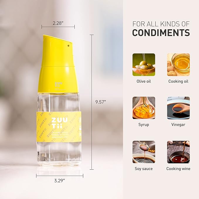 Zuutii Olive Oil Dispenser - Drip Free Spout Bottle for Kitchen Glass Oil and Vinegar Dispenser - Lemon Yellow
