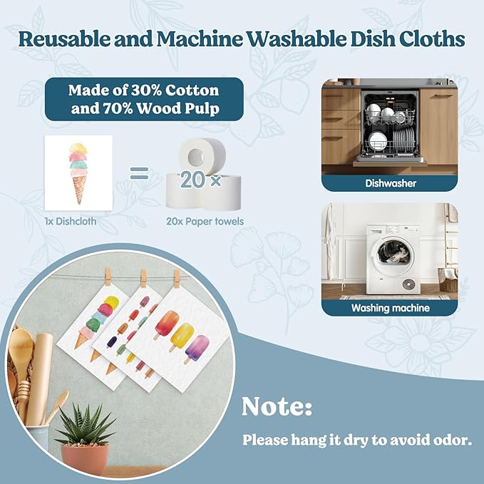 Swedish Dishcloths for Kitchen, Summer Ice Cream Dish Rags Kitchen Dish Towels for Washing Dishes, 4 Pack Reusable Paper Towels, Ice Cream Decor, Sponge Cloths for Home Cleaning Baking Cooking