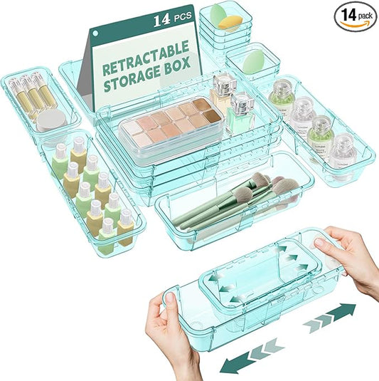 14 Pcs Clear Drawer Organizer, Adjustable Drawer Storage Box, Blue