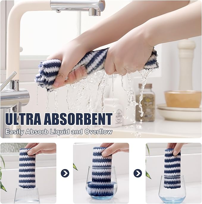 Homaxy 12 Pack Kitchen Dish Cloths, Ultra Soft and Absorbent Dish Towels, Reusable Fast Drying Microfiber Cleaning Cloth, Coral Velvet Wave Design No-lint, 7 x 9 inches, Navy Blue