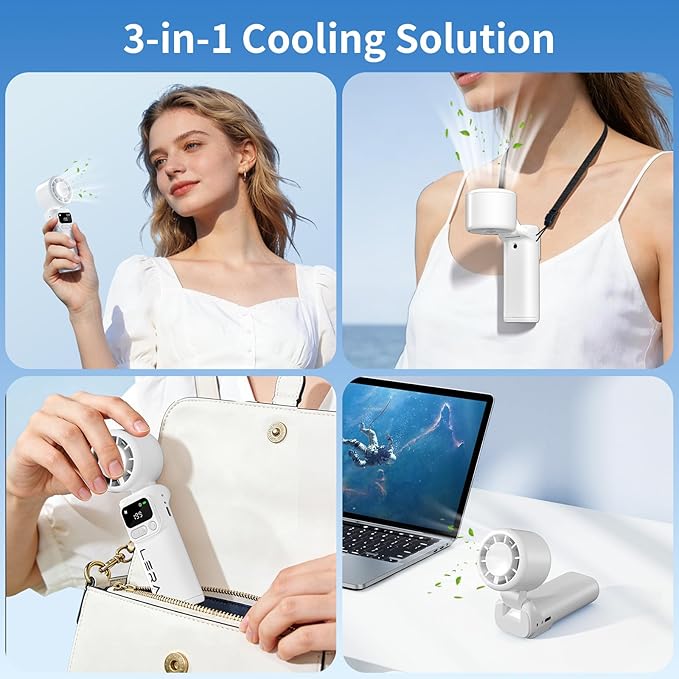 Lerat Portable Handheld Turbo Fan, 5-Speed Wind, Battery Operated, 3-in-1 Hand Fan, for Outdoor Activities, White