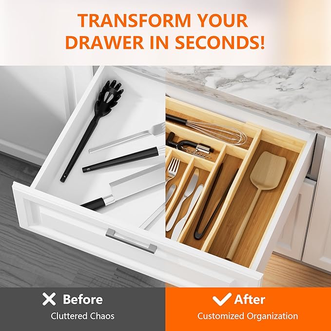 Expandable and Adjustable Bamboo Drawer Organizer Tray - Cutlery Drawer Organizer for Kitchen Utensils, Silverware Organizer with Dividers, 7-9 Slots with Curved Grooves (Natural)