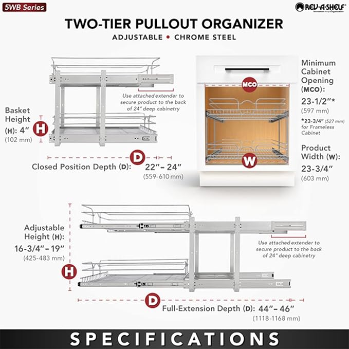 Rev-A-Shelf 2-Tier Kitchen Cabinet Pullout Shelf and Drawer Organizer Slide Out Pantry Storage Basket in Multiple Sizes, 24 x 22 In, 5WB2-2422-CR-1