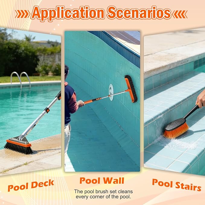 SISIUPASSIE Pool Brush Kit with Pole, Upgrade 18" Pool Brush and High-Efficiency Stainless Steel Bristles Brush with Telescopic Pole for Cleaning Pool Walls, Curved Ends, Tiles & Floors, 12 FT