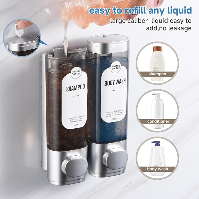 Shampoo and Conditioner Dispenser, Refillabe Shower Soap Dispensers 2 Chamber No Drill Shampoo Dispenser for Shower Wall Mounted 2 * 300ml Container for Bathroom Hotel (Sliver 2 Chamber)