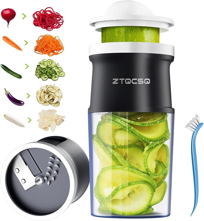4 in 1 Vegetable Spiralizer Slicer, Adjustable Thickness 0-3mm, Zucchini Spiralizer Veggie Noodle Maker for Cucumber/Zoodle/Salad/Spaghetti/Pasta with Food Container, Cleaning Brush, Gray