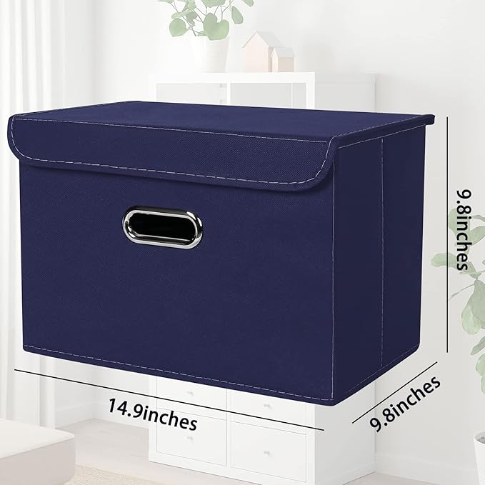STOREONE Fabric Storage Cube Bins Foldable Organizer Container Collapsible Basket with Lids and Metal Handles, for Home, Bedroom, Closet 8 Pcs (Navy Blue)