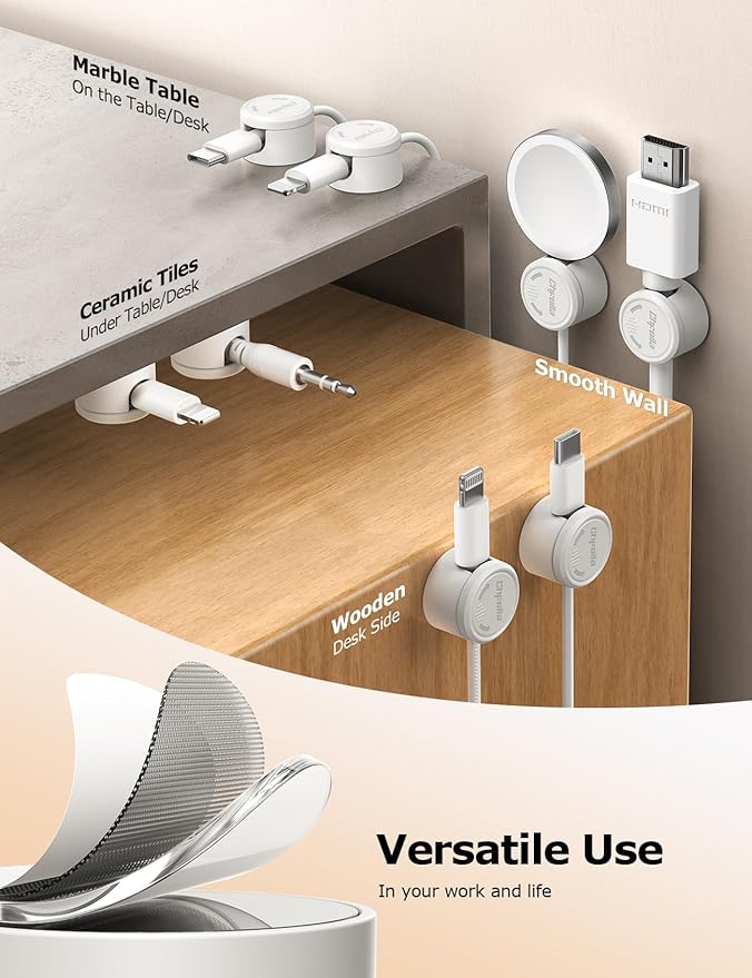 9 Pack Magnetic Cable Clips - Chfeila [Upgraded Twist-Lock] Cord Organizer, [360°Rotating Lid] Cable Management, Adhesive Wire Holder for Home Office Desk Desktop Nightstand Car Table Wall (White)