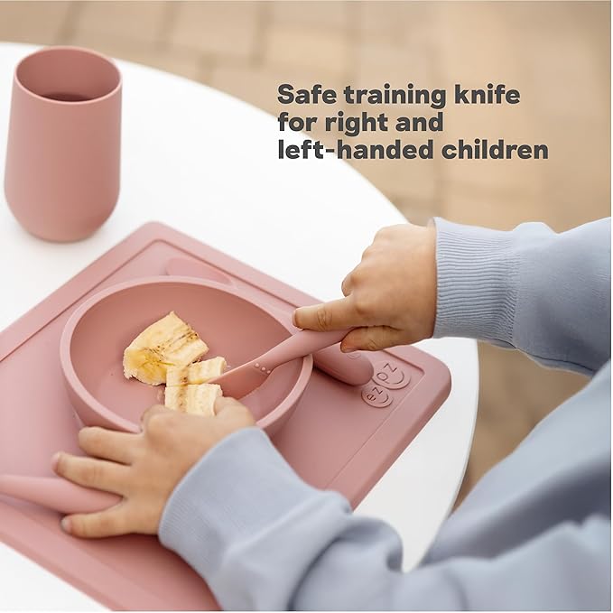 ezpz Happy Utensils (Blue) - 24 Months+ - BPA Free Toddler - Fork, Spoon and Knife for Toddlers and Preschoolers - Kids Utensils for Self-Feeding Development