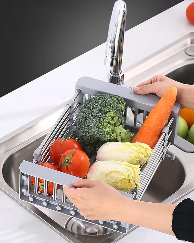 Aspasia Dish Drying Rack, Adjustable Stainless Steel Drainer Basket Drain Tray for Dish Vegetable Fruit, 18.2" x 8.9", On Counter Dish Rack or in Sink Over Sink Kitchen Basket Grey