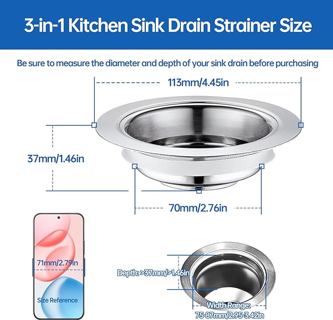 Kitchen Sink Drain Strainer & Stopper: Upgraded 3 in 1 SUS304 Stainless Steel Drain Plug with Anti-Clog Basket Drain Stopper Combo