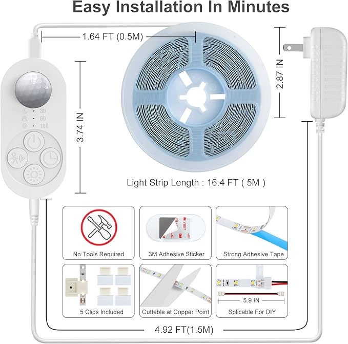 Motion Sensor Under Cabinet Light, Plug-in Under Cabinet Lighting with Dimmer, Delay Timer for Kitchen Cabinet, Pantry, Laundry, Bedroom, Stairway