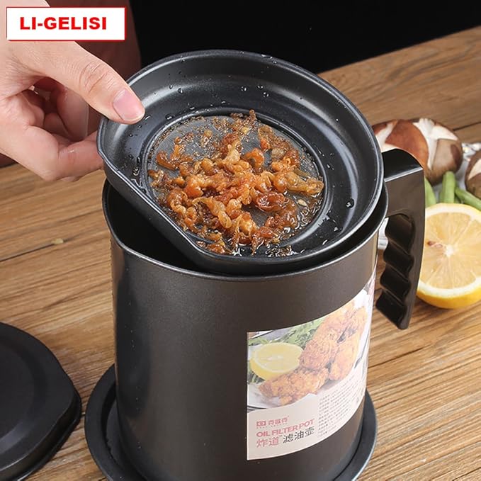 Oil Storage Grease Keeper, Grease Strainer Pot Grease Container with Mesh Strainer (1.6 L-B)