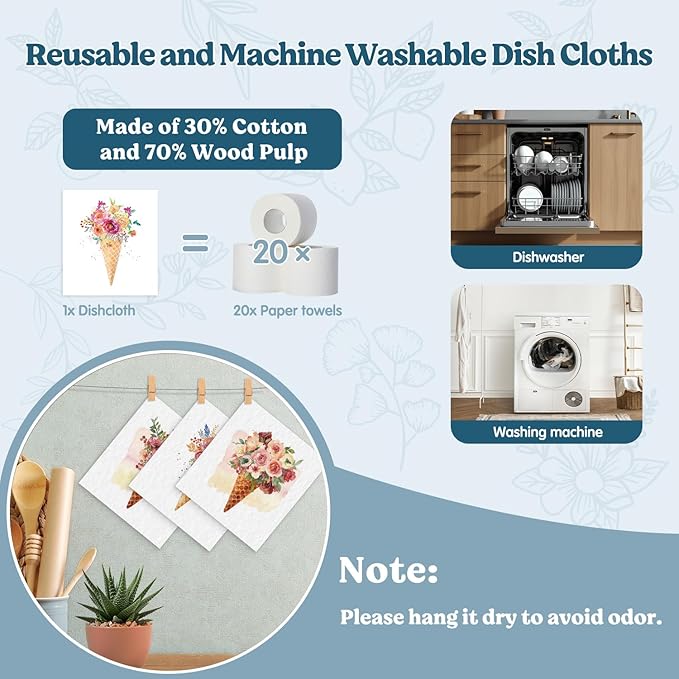 Swedish Dishcloths for Kitchen, Summer Ice Cream Floral Kitchen Dish Towels for Washing Dishes, 4 Pack Reusable Paper Towels, Ice Cream Decor, Sponge Cloths for Home Cleaning Cooking Baking