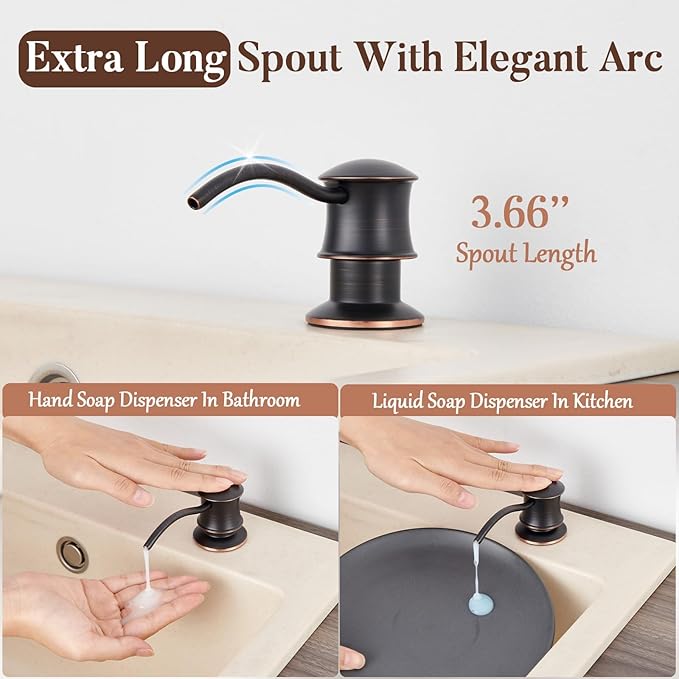 Built in Soap Dispenser for Kitchen Sink Countertop, Solid Brass Pump Head Long Spout with 10.2 Ounce PET Food Safe Material Lotion Bottle, Oil Rubber Bronze Finish