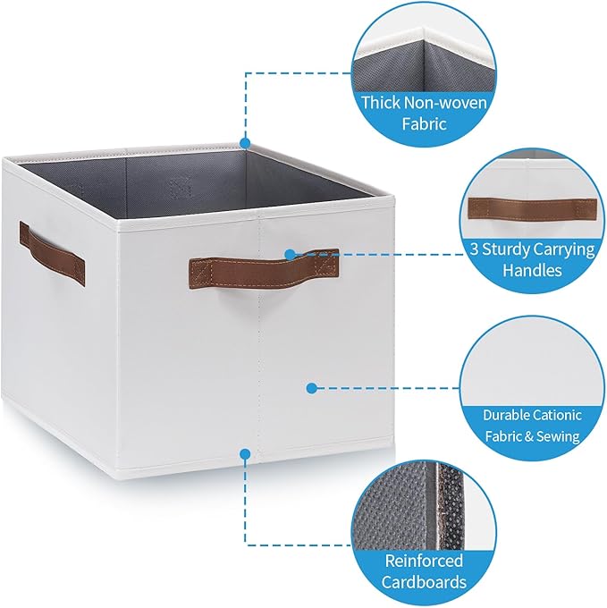 Large Fabric Storage Bins with 3 Handles, White