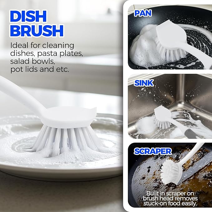 Holikme 6 Pack Dish Brush Set with Bottle Brush, Dish Scrub Brush, Pan Brush and 3 Straw Brushes, Deep Cleaning Handle Brush with Scraper Tip for Kitchen Sink Dishes Bottle Cup Pot and Pans (Gray)