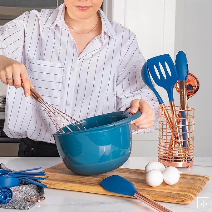 Copper and Blue Silicone Cooking Utensils Set - 17-Piece Set with Copper Utensil Holder and Measuring Cups and Spoons for Stylish Cooking and Baking - Blue Kitchen Decor, Unique Kitchen Gifts