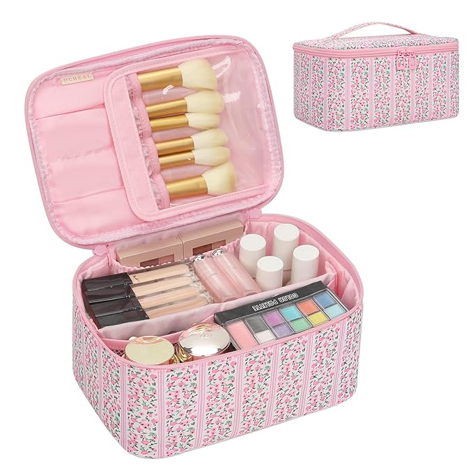OCHEAL Makeup Bag for Women - Travel Cosmetic Organizer with Brush Slot & Divider, Large Capacity Toiletry Bag for Girls, Travel Makeup Case for everyday Make up Accessories -Pink Floral