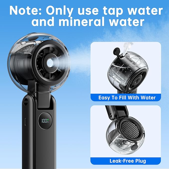 Rrtizan Handheld Misting Fan Portable - Small Personal Mister Fan Blow Cold Air,USB Rechargeable,Water Spray Cooling for Summer Outdoor Travel Beach Lash Makeup,Gifts for Women (Black)