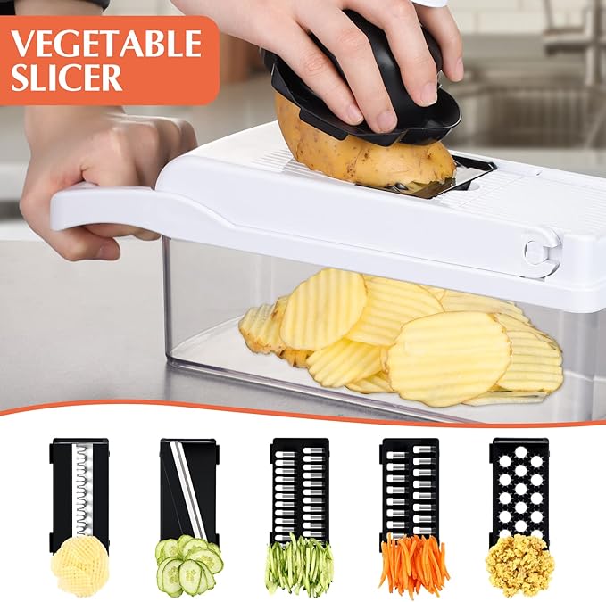 KEOUKE Vegetable Chopper Mandoline Slicer Pro - 16 in 1 Interchangeable Blades Food Chopper with Container, Hand Guard & Drainer, Veggie Dicer Spiralizer Kitchen Gadget for Onion, Cucumber, Fruit