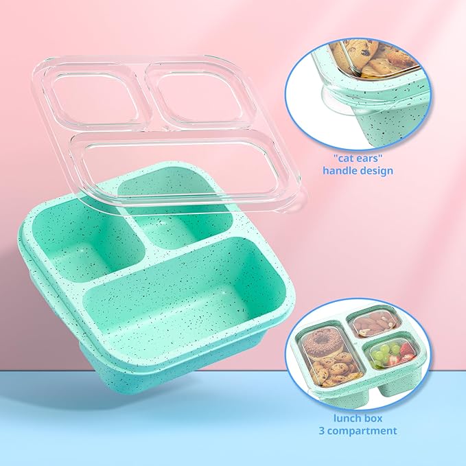 Snack Boxes (3 Pack) - Stackable Bento Boxes with 3 Compartments, Meal Prep Containers Reusable, Lightweight Lunch Containers for Kids and Adults