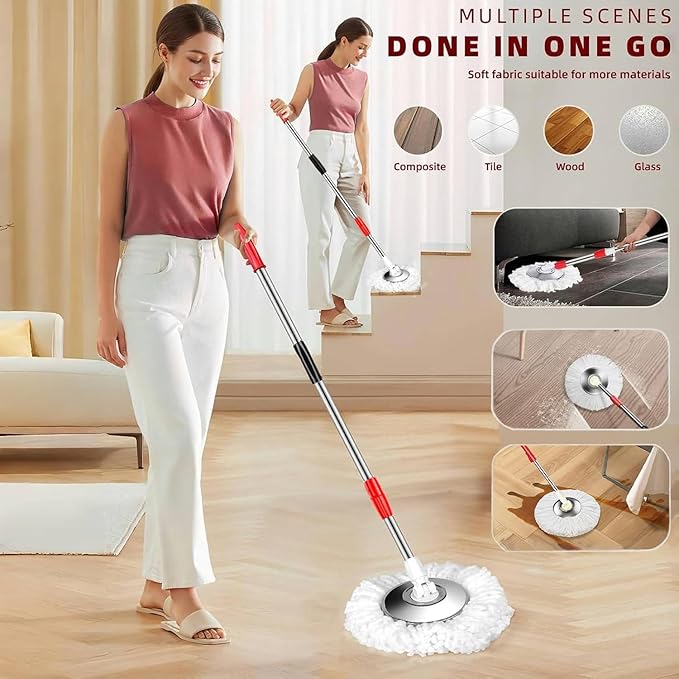 mop and Bucket Set with Wringer - 360° Rotating Mop Bucket Floor Cleaning System on Wheels, 3 Microfiber Mop Refills for Fast Cleaning, Extendable 61"" Stainless Steel Handle, Black&red