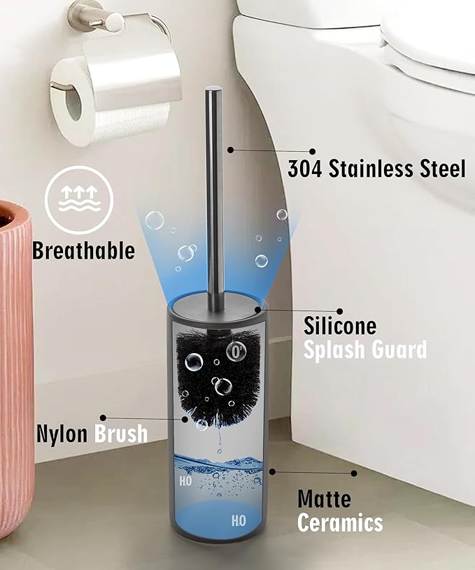 Matt Gray Ceramic Toilet Brush and Holder Set, Freestanding Toilet Bowl Cleaners Brush, Scrubber Brush for Toilet, Bathroom Accessories with Stainless Handle, Deep Cleaning
