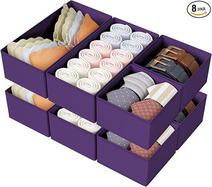 Drawer Organizers Clothes, Set of 8 Dresser Organizer Bins, Purple