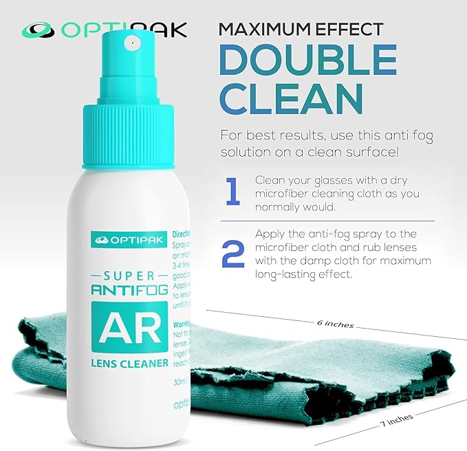 Anti Fog Lens Cleaner Spray Kit | (2x) 1oz Anti Fog Glasses Cleaner Bottles + (1x) Multipurpose Pouch + (5x) Microfiber Cloths for Eyeglasses, Mirror