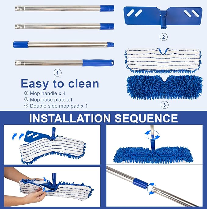 Microfiber Dust Mop for Floor Cleaning - Dual-Sided Washable Pads, Adjustable Stainless Steel Handle (30.7"-56.7") - Wet/Dry Use for Hardwood, Laminate, Tile, Marble Floors with Spin Mop Heads