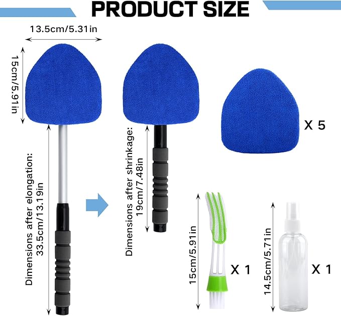 9PCS Windshield Cleaner Tool Kit,Car Window Cleaner with Extendable Handle&6 Reusable Microfiber Pads&Brush&Spray Bottle,Car Interior&Exterior Window Cleaning Tool,Glass Wiper Brush Kit for Car Home