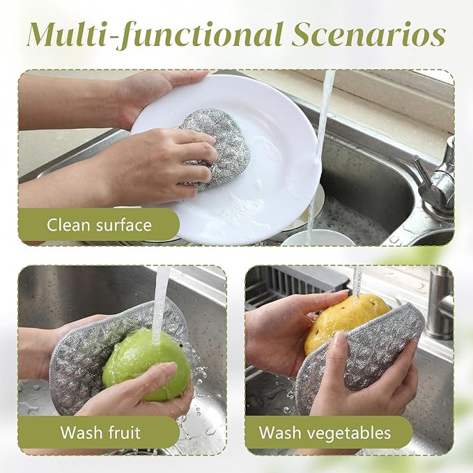 Thinp 8 Pcs Multipurpose Wire Dishwashing Rags for Wet and Dry, Double Side Non Scratch Wire Dishcloth Reusable Metal Dish Cloth Silver Mesh Dish Cloths for Kitchen Sink Cookware Stove Cleaning