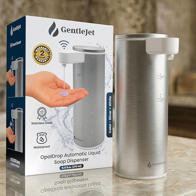 GentleJet OpalDrop Automatic Liquid Soap Dispenser for Kitchen Sink – Touchless No-Drip Pump, USB-C Rechargeable, 304 Stainless Steel, IPX5 Water-Resistant, 270 ml