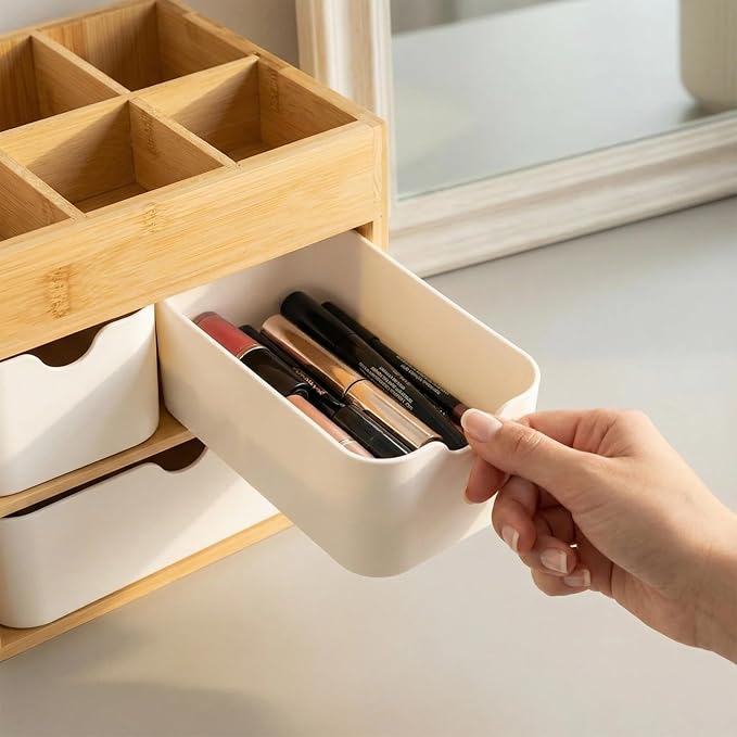 Bamboo Makeup Organizer with 3 Drawers, Dresser Cosmetic Organizer Box