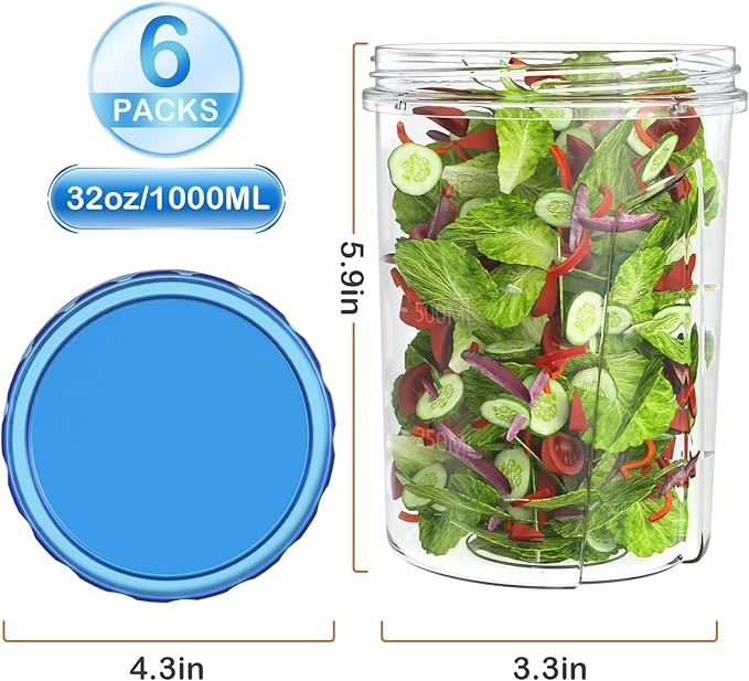 [32 oz 6 Pack] Food Storage Freezer Containers Clear bottom With blue Twist Top Lids Reusable, Plastic Airtight Meal Prep Containers BPA Free