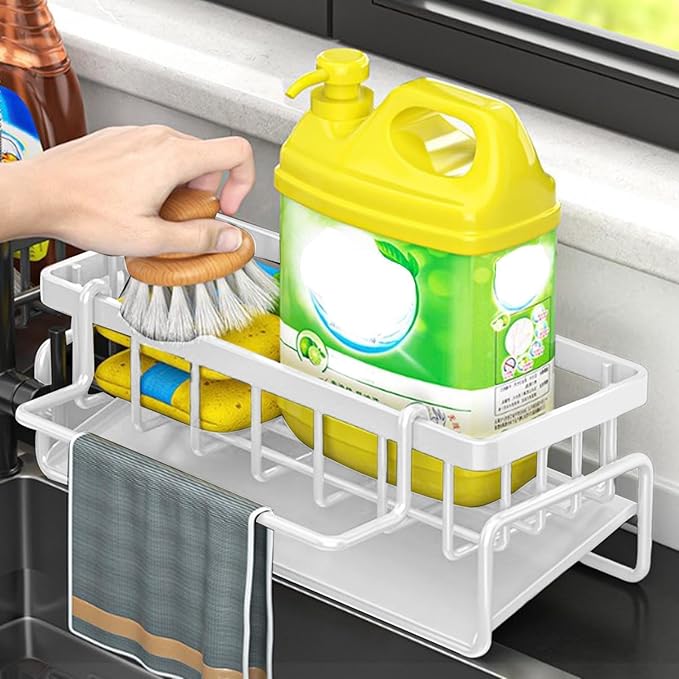 Kitchen Sink Sponge Holder, Rustproof 304 Stainless Steel Sink Caddy Kitchen Sink Organizer with High Brush Holder,Kitchen Sink Organizer for Dish Brush,Sponge,Soap Dispenser,