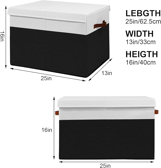 Gowee Large Toy Storage Box with Lid, Sturdy Toys Storage Chest Bin Organizer Basket with Dividers for Kids, Boys, Girls, Nursery, Closet, Bedroom, Playroom 25"x13" x16" (Black and White)