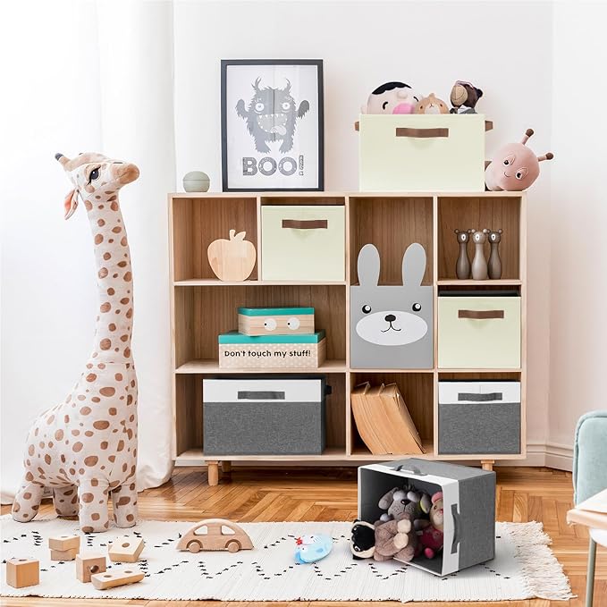 Large Fabric Storage Bins with 3 Handles, Beige