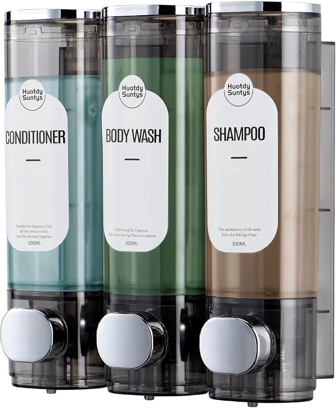 Shampoo and Conditioner Dispenser, Shower Soap Dispensers 3 Chamber No Drill Refillable Wall Mounted Shampoo Body Wash Dispenser for Shower 3 * 300 ml Container for Bathroom Hotel RV, Clear