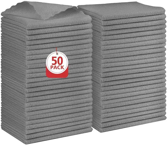 Orighty Grey Microfiber Cleaning Cloth, 50 Pack Highly Absorbent Cleaning Supplies, Lint Free Kitchen Towels Cleaning Rags, Microfiber Towels for Cars, House, Window, 12x12 inch