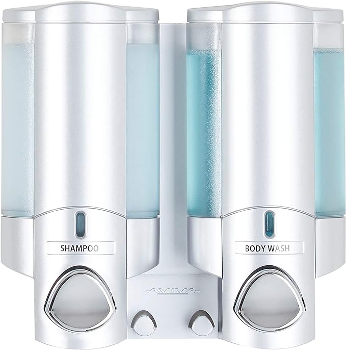 Better Living Aviva Shower Dispenser 2 Chamber, Wall Mount Shower Soap Dispenser for Bathroom Hotel Body Wash, Built-in Hooks, No Drill, Waterproof Shampoo Soap Dispenser, 2 x 11 oz, Satin Silver