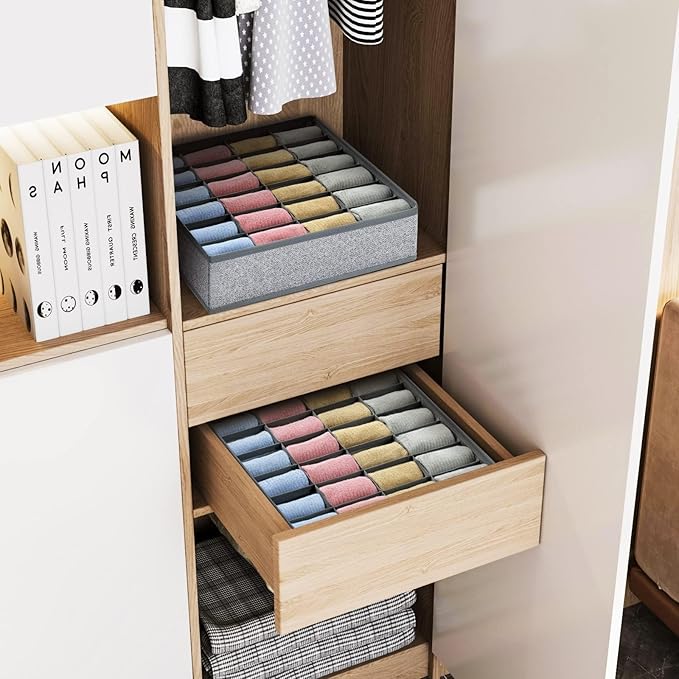 Joyoldelf Sock Drawer Organizer Underwear Organizer, 24 Cell Collapsible Closet Organizer Underwear Storage Boxes for Socks, Ties, Belts (Gray)