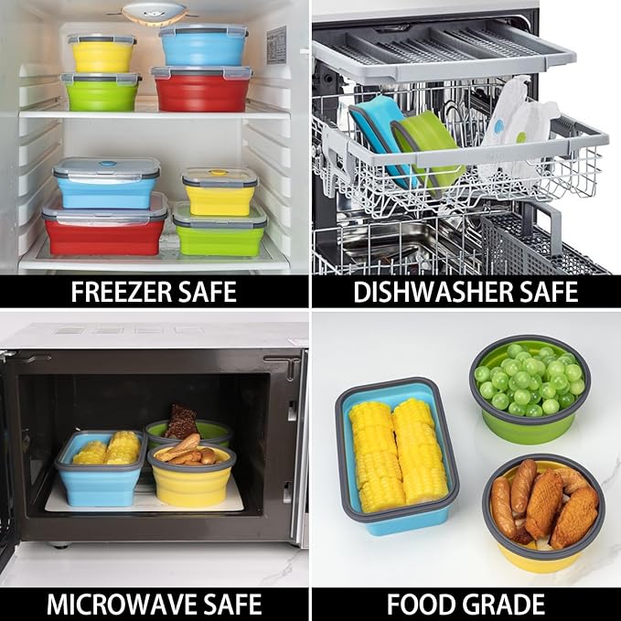 Collapsible Food Storage Containers with Lid & Air Vent, 8 Pack, 4 Rectangular + 4 Round