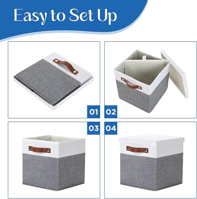 Foldable Fabric Storage Bins with Lids, White&Grey, 10.5x10.5x10.5in