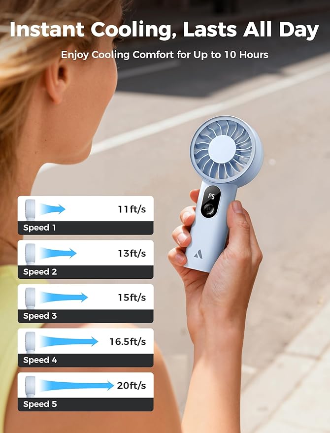 Aecooly Mighty Portable Fan, Powerful Handheld Fan, USB Rechargeable [10H Max Cooling Time], Mini Personal Battery Powered, Pocket for Travel, Summer, Gifts for Women, Girls -Blue