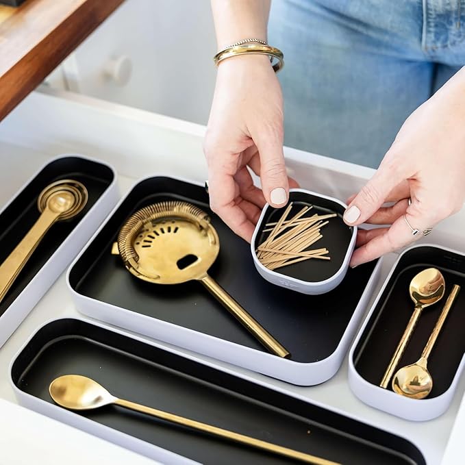Three by Three Seattle 5 Piece Metal Organizer Tray Set for Storing Makeup, Stationery, Utensils, and More in Office Desk