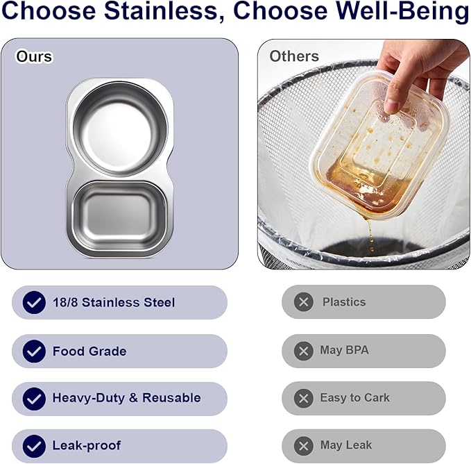QCQHDU Snack Containers, 2-Compartment Small Stainless Steel Reusable Snack Boxes for Portion Control, Meal Prep Lunch Food Sauce Storage Lunchable Accessories Salad Dressing Containers to Go, 4 Pack