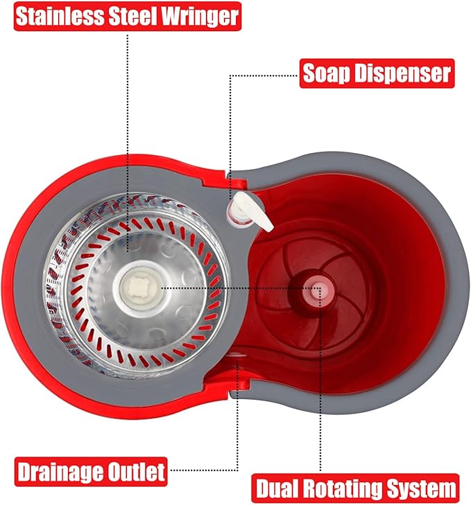 360 Mop and Bucket Set, Spin Mop Bucket with Wringer, Microfiber 3 Mop Replacement Heads, Mops for Floor Cleaning, Mop with Bucket (Red)