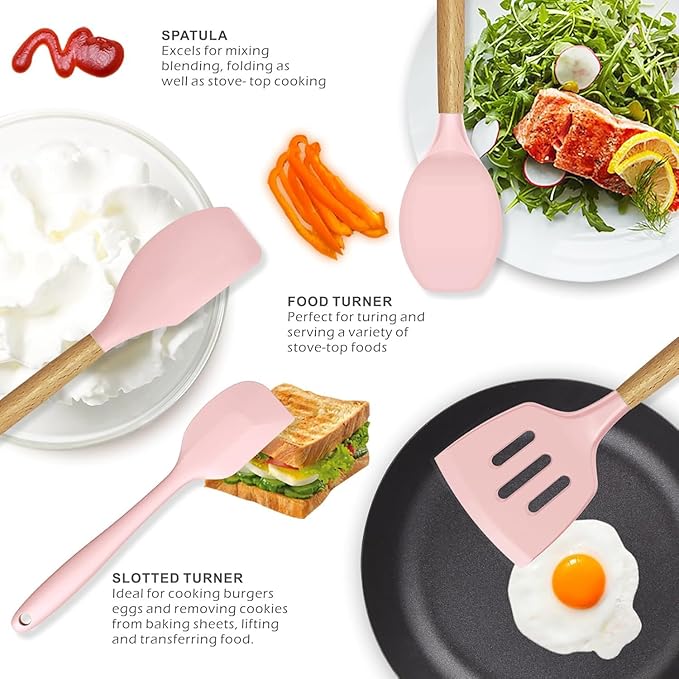 Premium Silicone Kitchen Cooking Utensils Set, 33pcs – 446°F Heat Resistant, Non-stick, BPA-Free, Wooden Handles, Spatula, Turner, Tongs, Spoon, Brush, Whisk – Essential Cooking Gadgets (Pink)